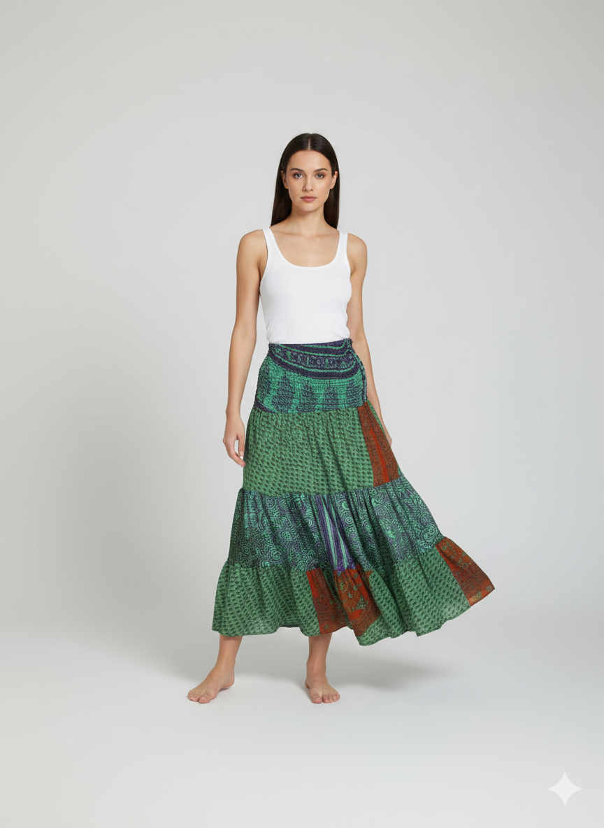 Upcycled 2in1 Skirt and Dress Retro Shirred Festival Boho Tiered Flowy Maxi Free Size Up To 20 P111