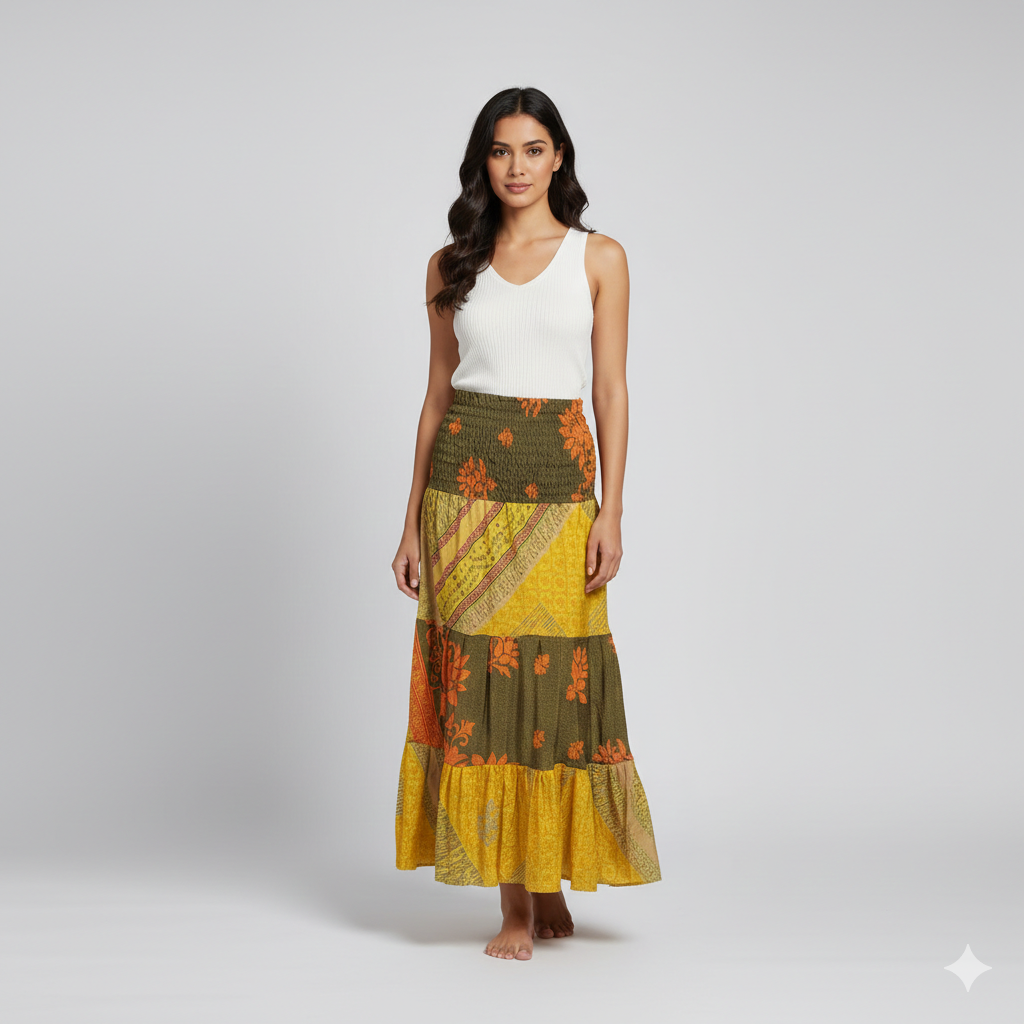 Upcycled 2in1 Skirt and Dress Retro Shirred Festival Boho Tiered Flowy Maxi Free Size Up To 20 P120