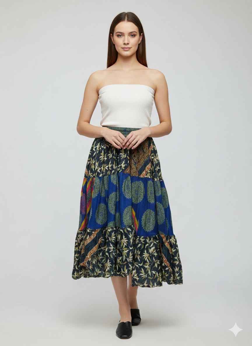 Upcycled 2in1 Skirt and Dress Retro Shirred Festival Boho Tiered Flowy Maxi Free Size Up To 20 P139