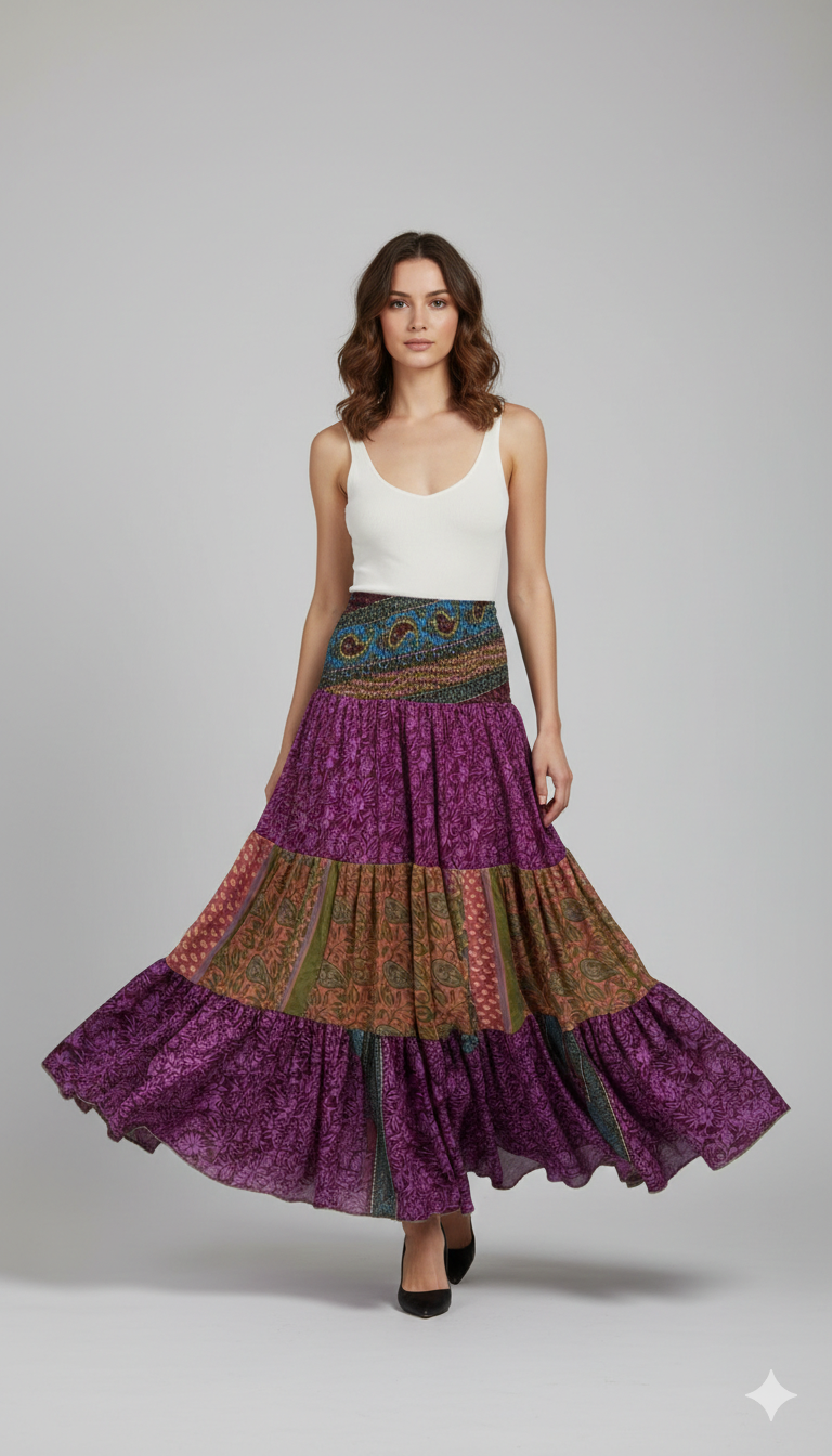 Upcycled 2in1 Skirt and Dress Retro Shirred Festival Boho Tiered Flowy Maxi Free Size Up To 20 P14