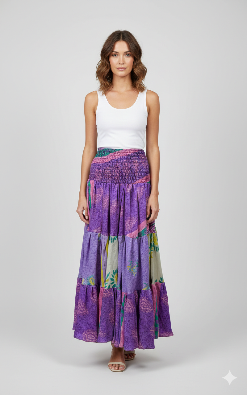 Upcycled 2in1 Skirt and Dress Retro Shirred Festival Boho Tiered Flowy Maxi Free Size Up To 20 P39