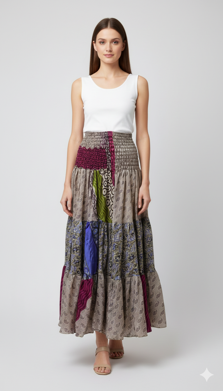 Upcycled 2in1 Skirt and Dress Retro Shirred Festival Boho Tiered Flowy Maxi Free Size Up To 20 P77