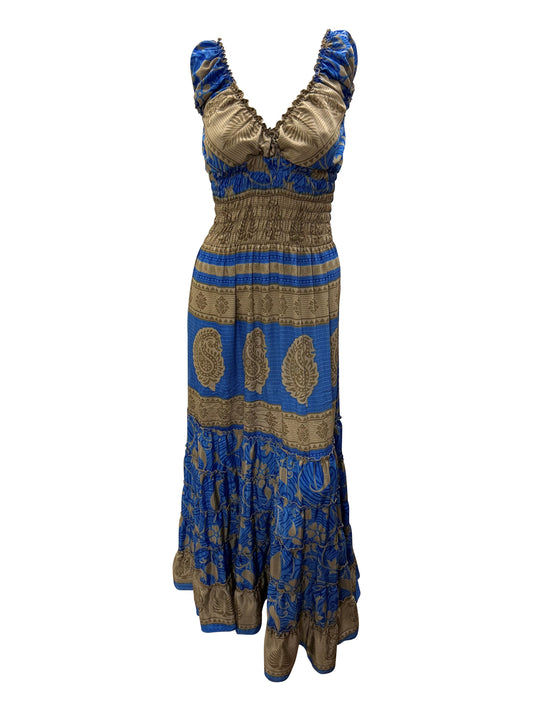 Recycled V Neck Retro Ruffle Hem Maxi Dress Free Size Up To 18 P109