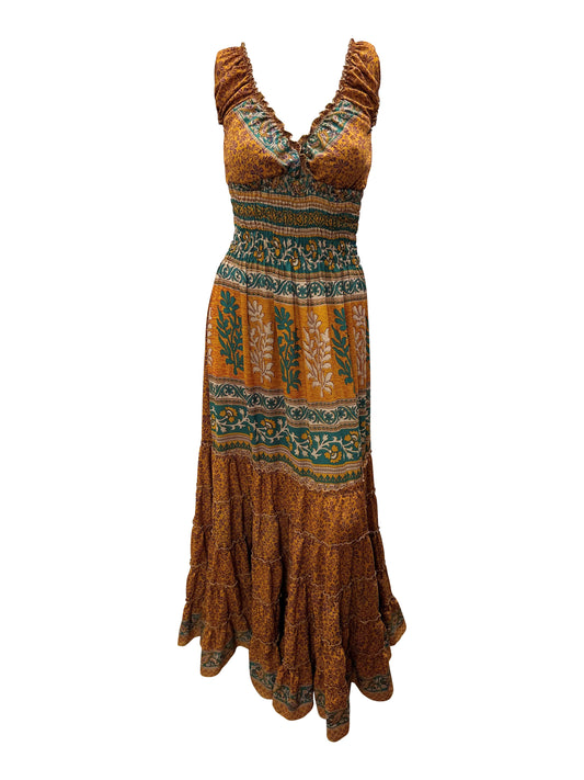 Recycled V Neck Retro Ruffle Hem Maxi Dress Free Size Up To 18 P101