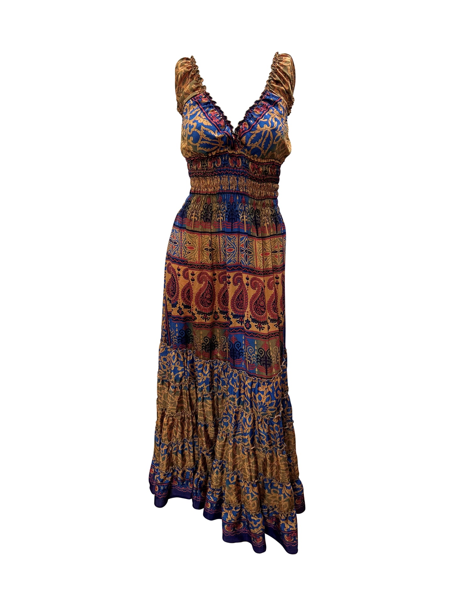 Recycled V Neck Retro Ruffle Hem Maxi Dress Free Size Up To 18 P102