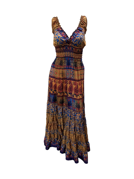 Recycled V Neck Retro Ruffle Hem Maxi Dress Free Size Up To 18 P102