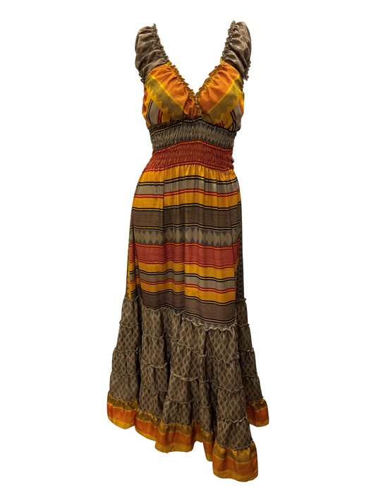 Recycled V Neck Retro Ruffle Hem Maxi Dress Free Size Up To 18 P104