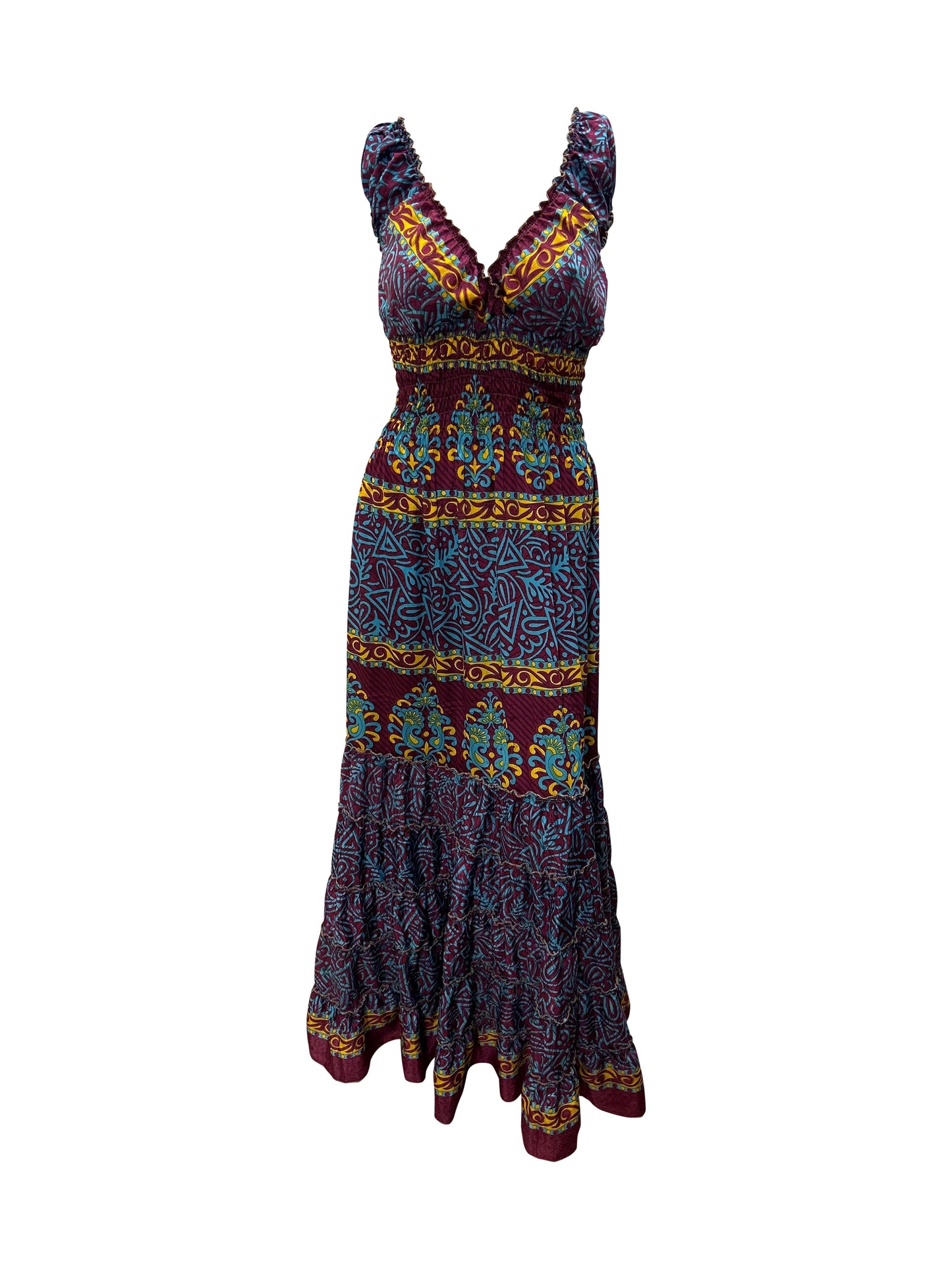Recycled V Neck Retro Ruffle Hem Maxi Dress Free Size Up To 18 P105