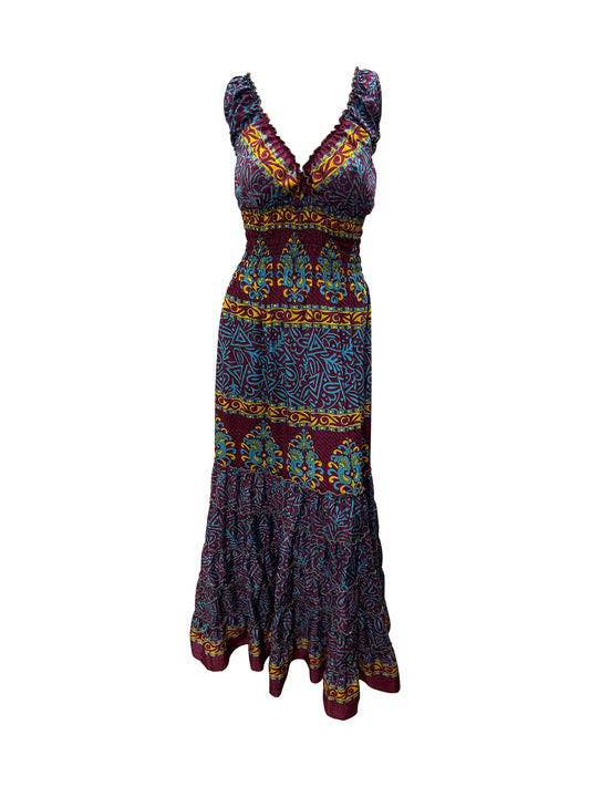 Recycled V Neck Retro Ruffle Hem Maxi Dress Free Size Up To 18 P105