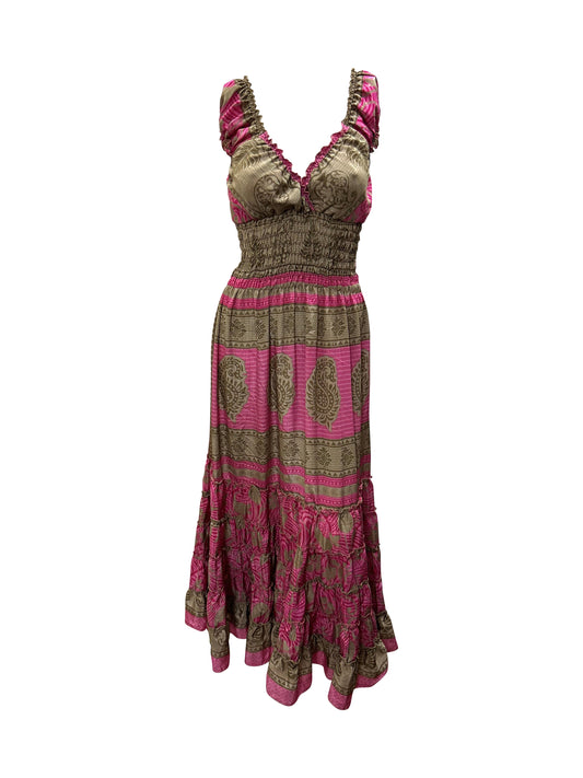 Recycled V Neck Retro Ruffle Hem Maxi Dress Free Size Up To 18 P107