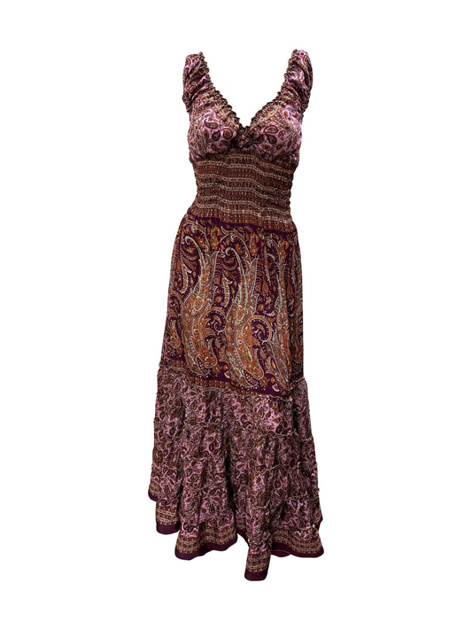 Recycled V Neck Retro Ruffle Hem Maxi Dress Free Size Up To 18 P108