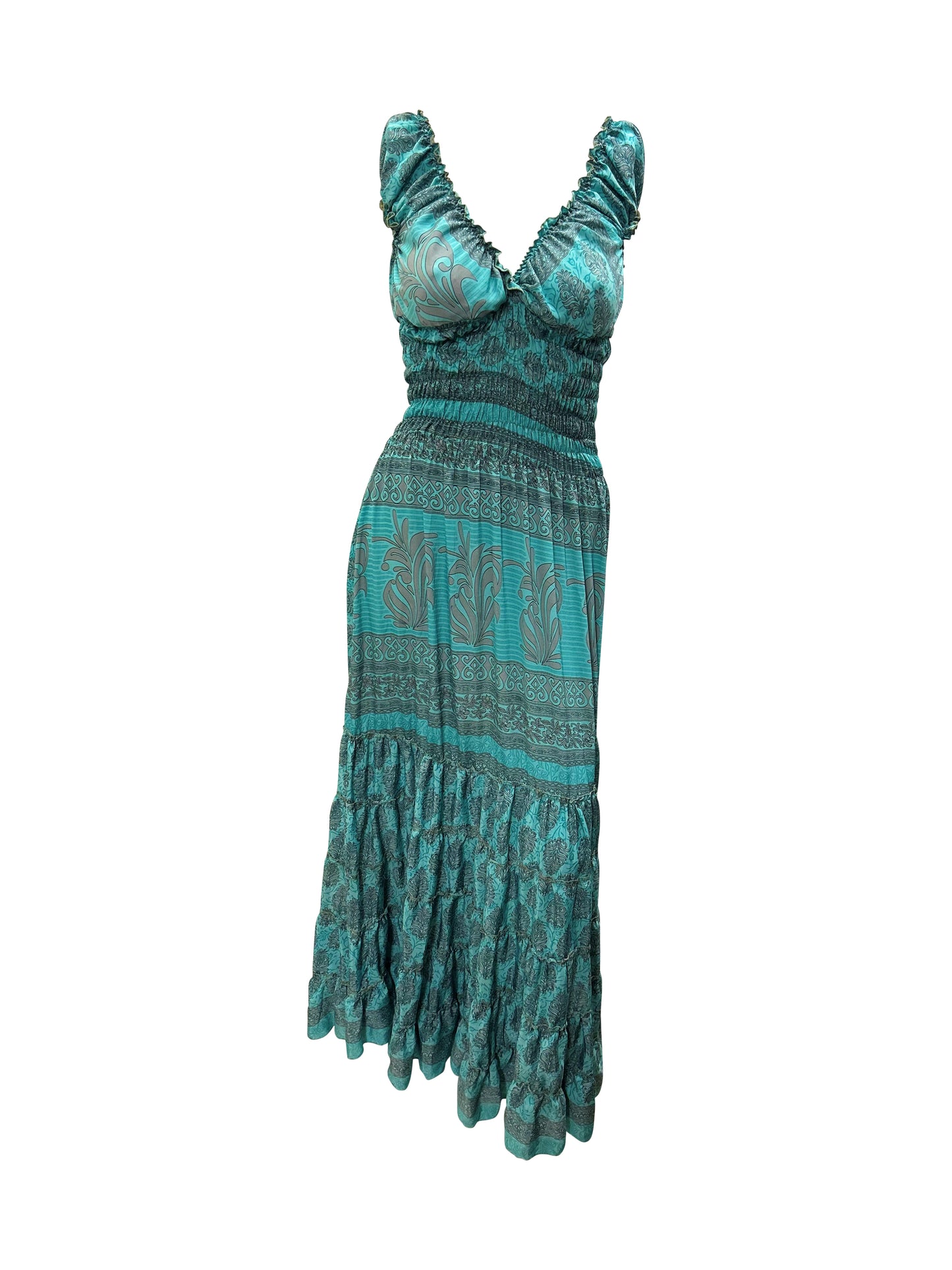 Recycled V Neck Retro Ruffle Hem Maxi Dress Free Size Up To 18 P91