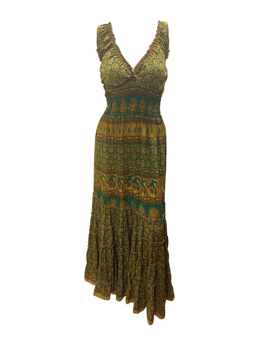 Recycled V Neck Retro Ruffle Hem Maxi Dress Free Size Up To 18 P93