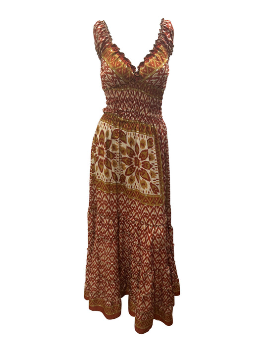 Recycled V Neck Retro Ruffle Hem Maxi Dress Free Size Up To 18 P94