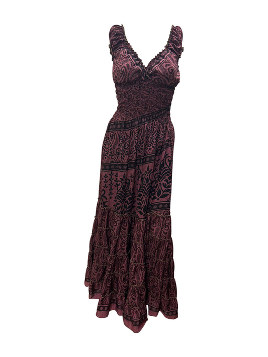 Recycled V Neck Retro Ruffle Hem Maxi Dress Free Size Up To 18 P95