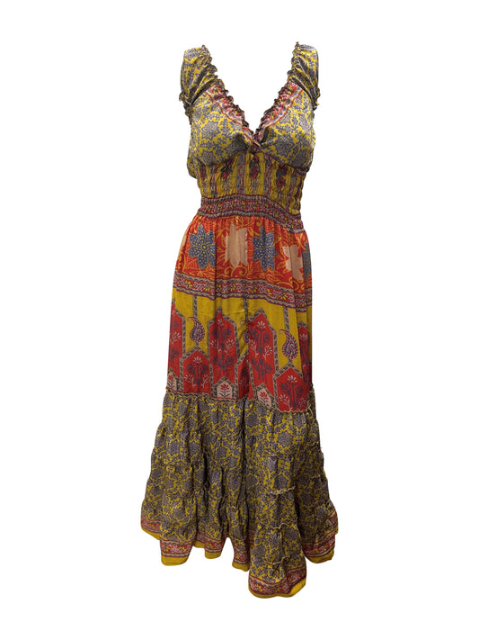 Recycled V Neck Retro Ruffle Hem Maxi Dress Free Size Up To 18 P96
