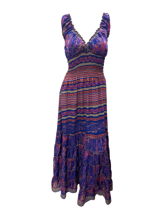 Recycled V Neck Retro Ruffle Hem Maxi Dress Free Size Up To 18 P97