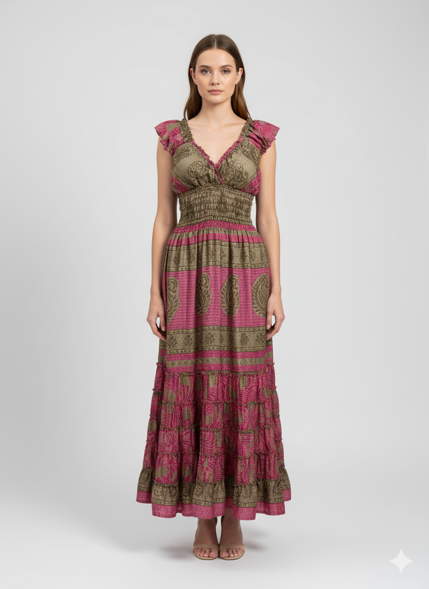 Recycled V Neck Retro Ruffle Hem Maxi Dress Free Size Up To 18 P107