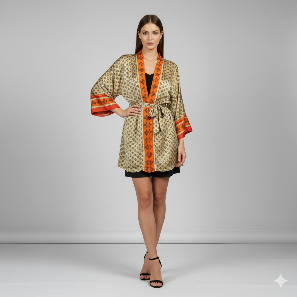 RECYCLED RETRO SARI KIMONO BEACH COVER-UP BOHO MINI ROBE FREE SIZE UP TO 12 P18