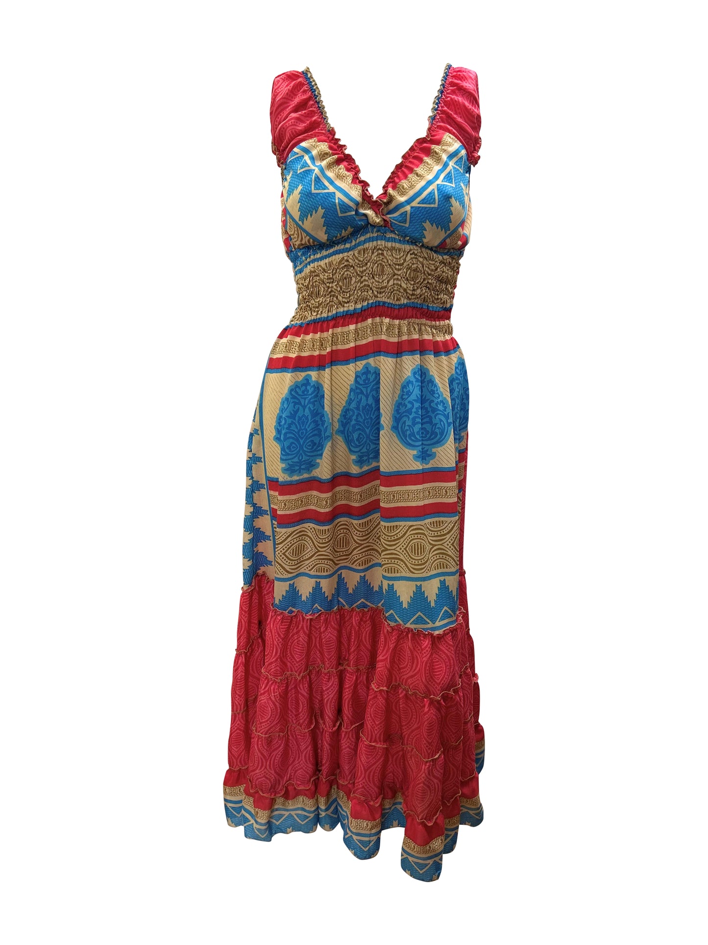 Recycled Sari Fabric V Neck Retro Ruffle Hem Maxi - Midi Dress Free Size Up To 18 P10