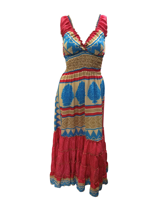 Recycled Sari Fabric V Neck Retro Ruffle Hem Maxi - Midi Dress Free Size Up To 18 P10