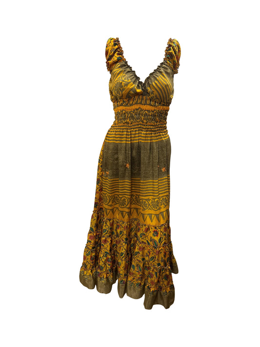 Recycled Sari Fabric V Neck Retro Ruffle Hem Maxi - Midi Dress Free Size Up To 18 P11