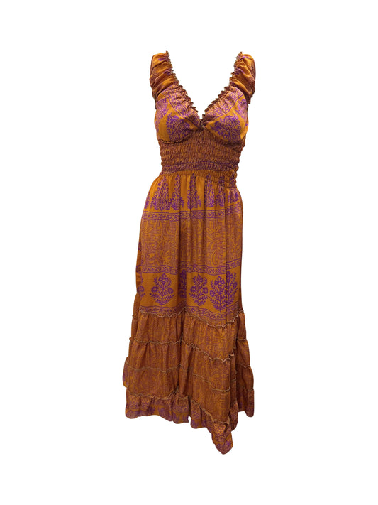 Recycled Sari Fabric V Neck Retro Ruffle Hem Maxi - Midi Dress Free Size Up To 18 P12