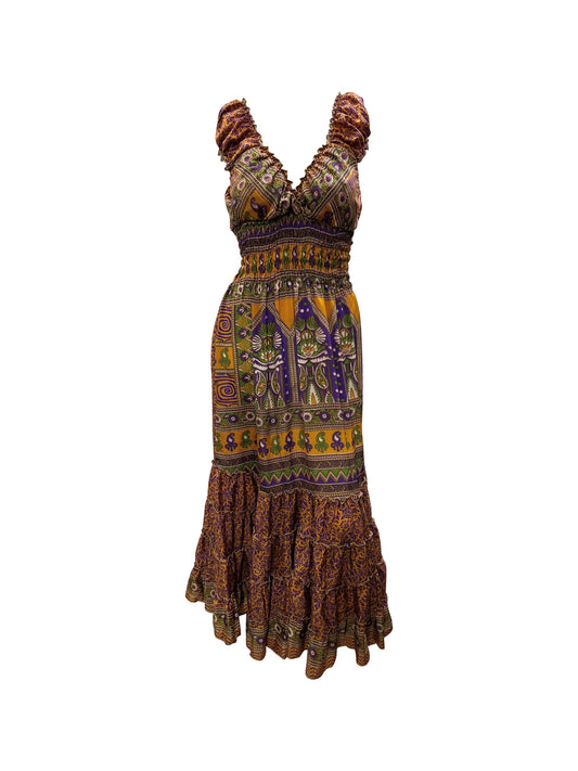 Recycled Sari Fabric V Neck Retro Ruffle Hem Maxi - Midi Dress Free Size Up To 18 P2