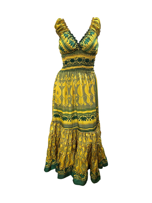 Recycled Sari Fabric V Neck Retro Ruffle Hem Maxi - Midi Dress Free Size Up To 18 P4