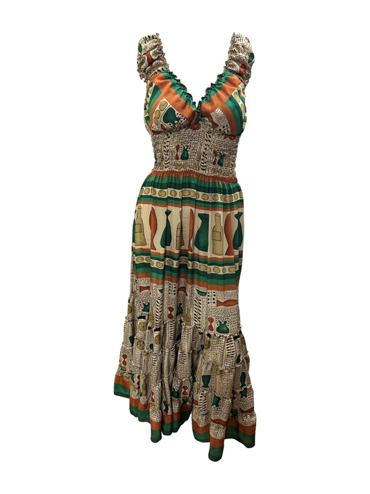 Recycled Sari Fabric V Neck Retro Ruffle Hem Maxi - Midi Dress Free Size Up To 18 P7