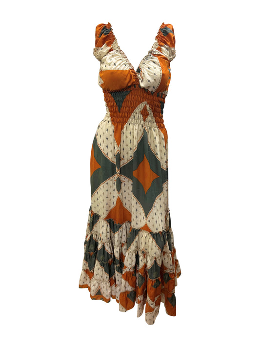 Recycled Sari Fabric V Neck Retro Ruffle Hem Maxi - Midi Dress Free Size Up To 18 P8