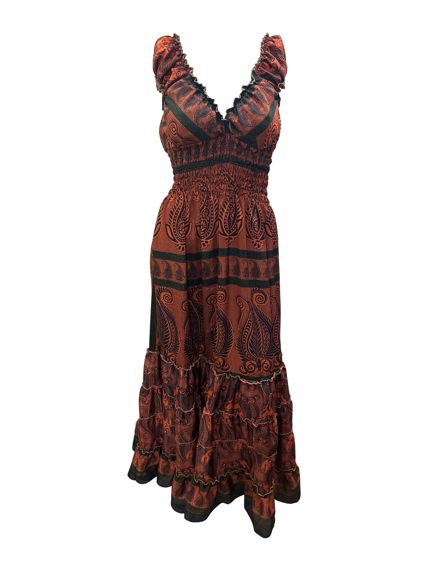 Recycled Sari Fabric V Neck Retro Ruffle Hem Maxi - Midi Dress Free Size Up To 18 P9