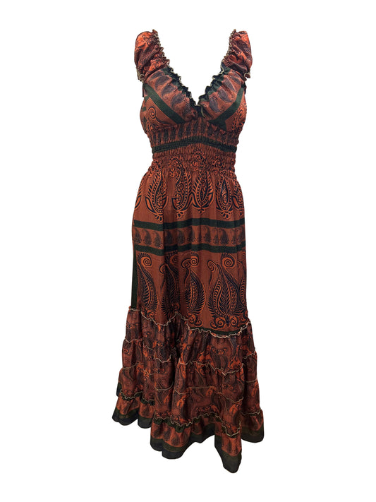 Recycled Sari Fabric V Neck Retro Ruffle Hem Maxi - Midi Dress Free Size Up To 18 P9