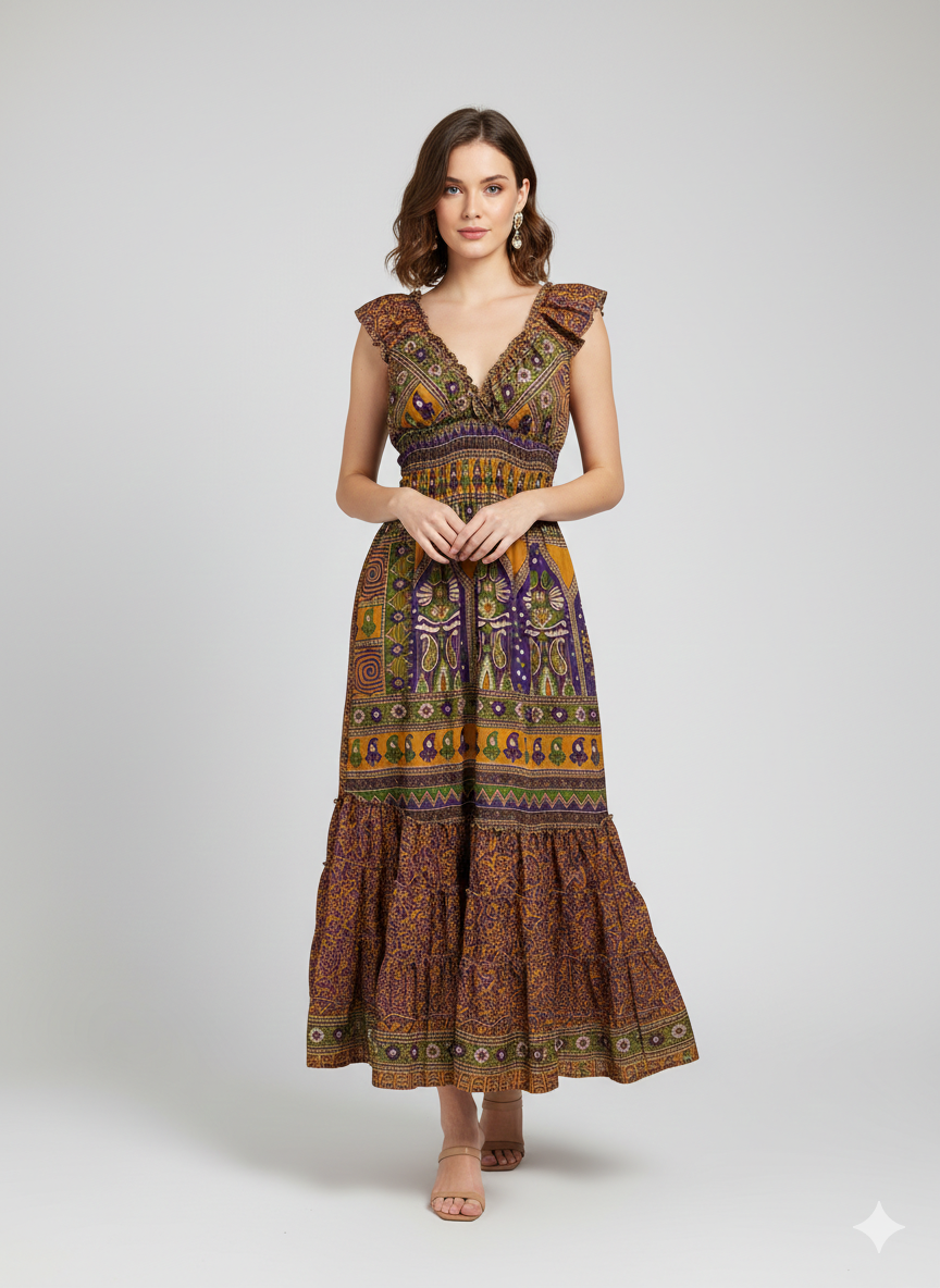 Recycled Sari Fabric V Neck Retro Ruffle Hem Maxi - Midi Dress Free Size Up To 18 P2