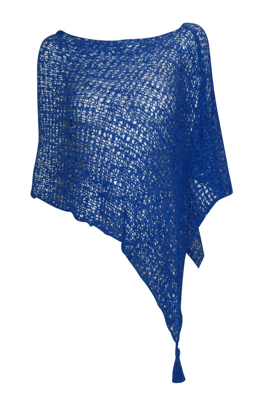 Womens Crochet Poncho Asymmetrical Boho Tassel Shawl Pullover Cover up Free Size 8-20 Royal Blue