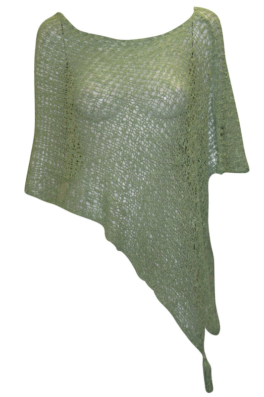 Womens Crochet Poncho Asymmetrical Boho Tassel Shawl Pullover Cover up Free Size 8-20 Sage Green