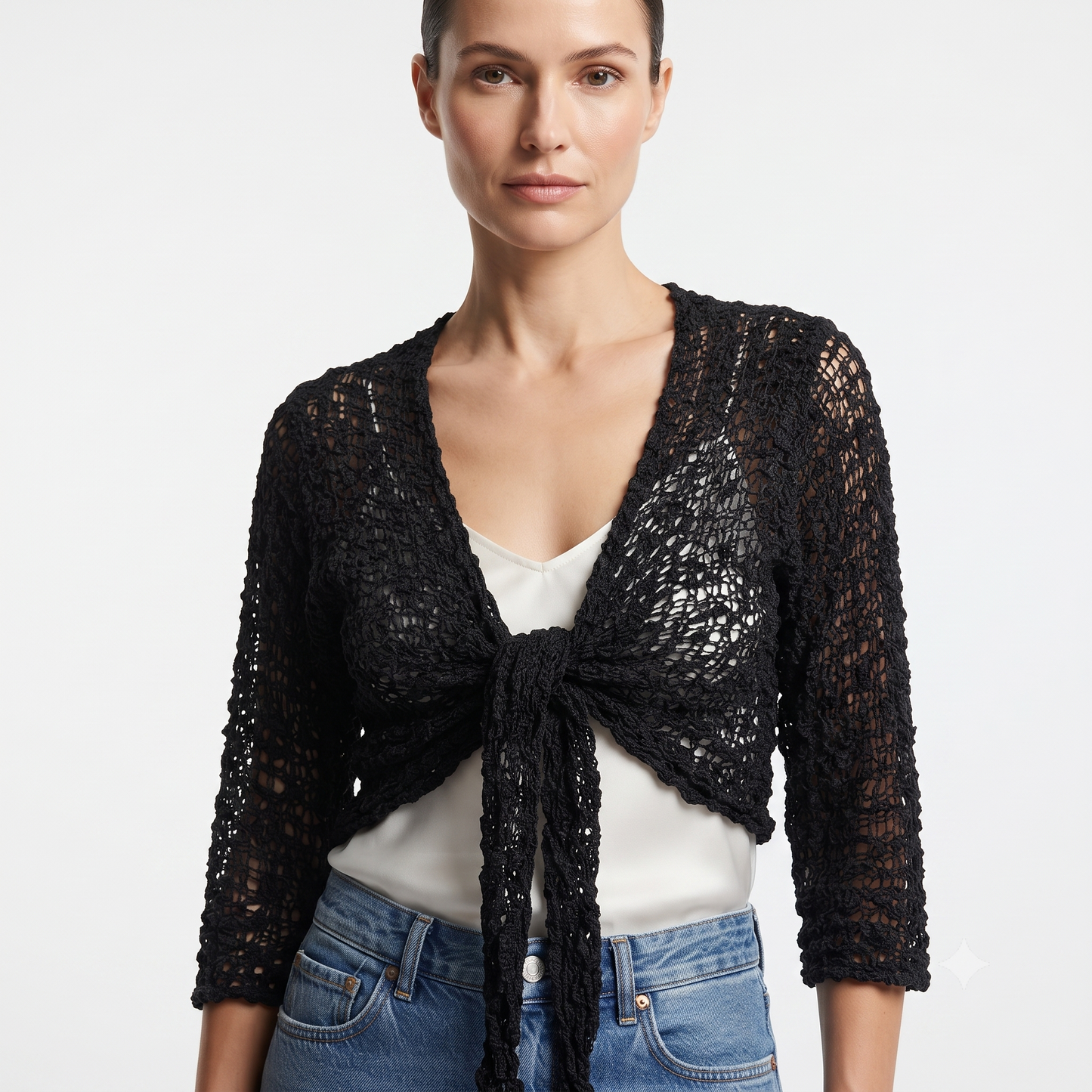 Womens Crochet Shrug front knot Chic lettuce hem Mesh Cardigan Free Size 8-20
