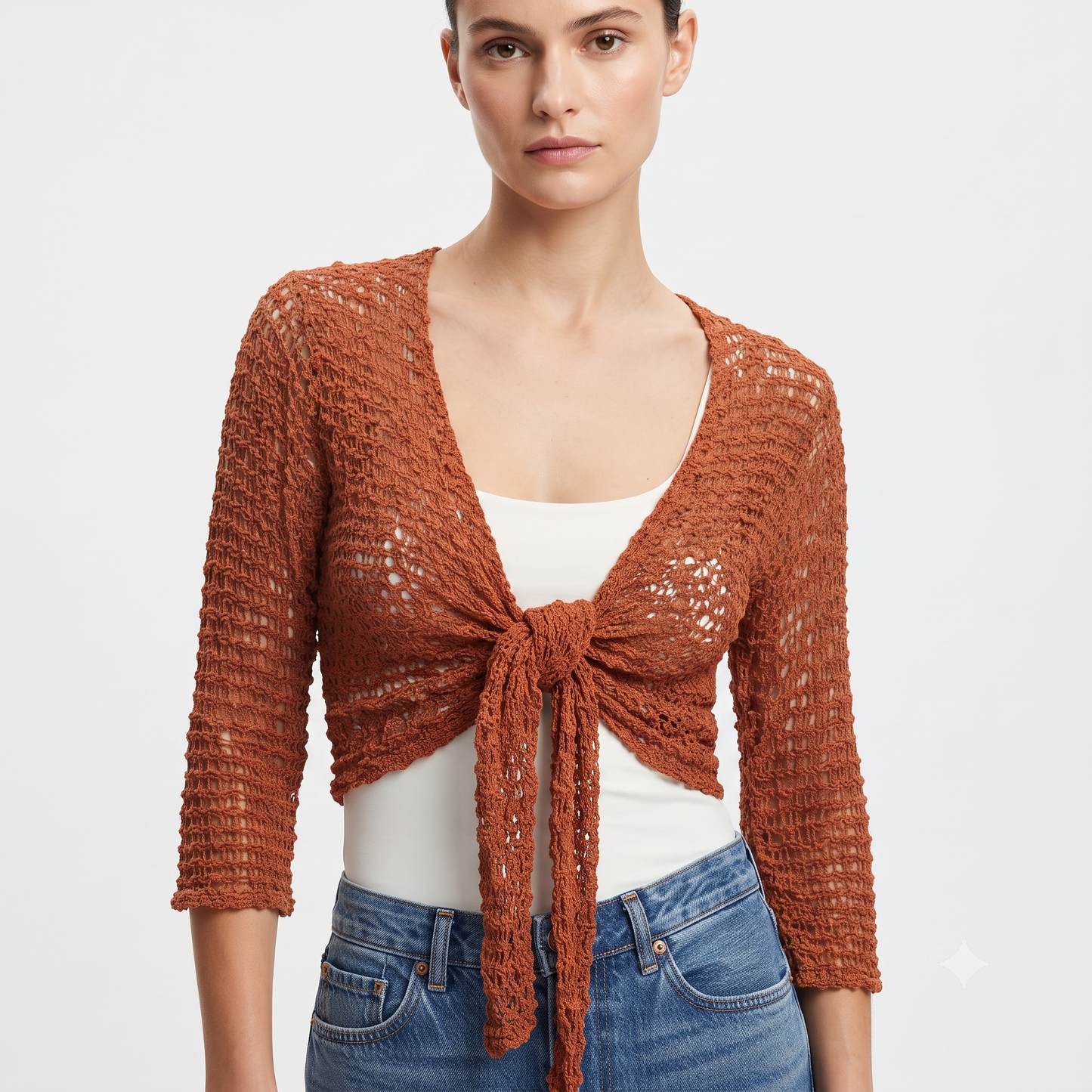 Womens Crochet Shrug front knot Chic lettuce hem Mesh Cardigan Free Size 8-20
