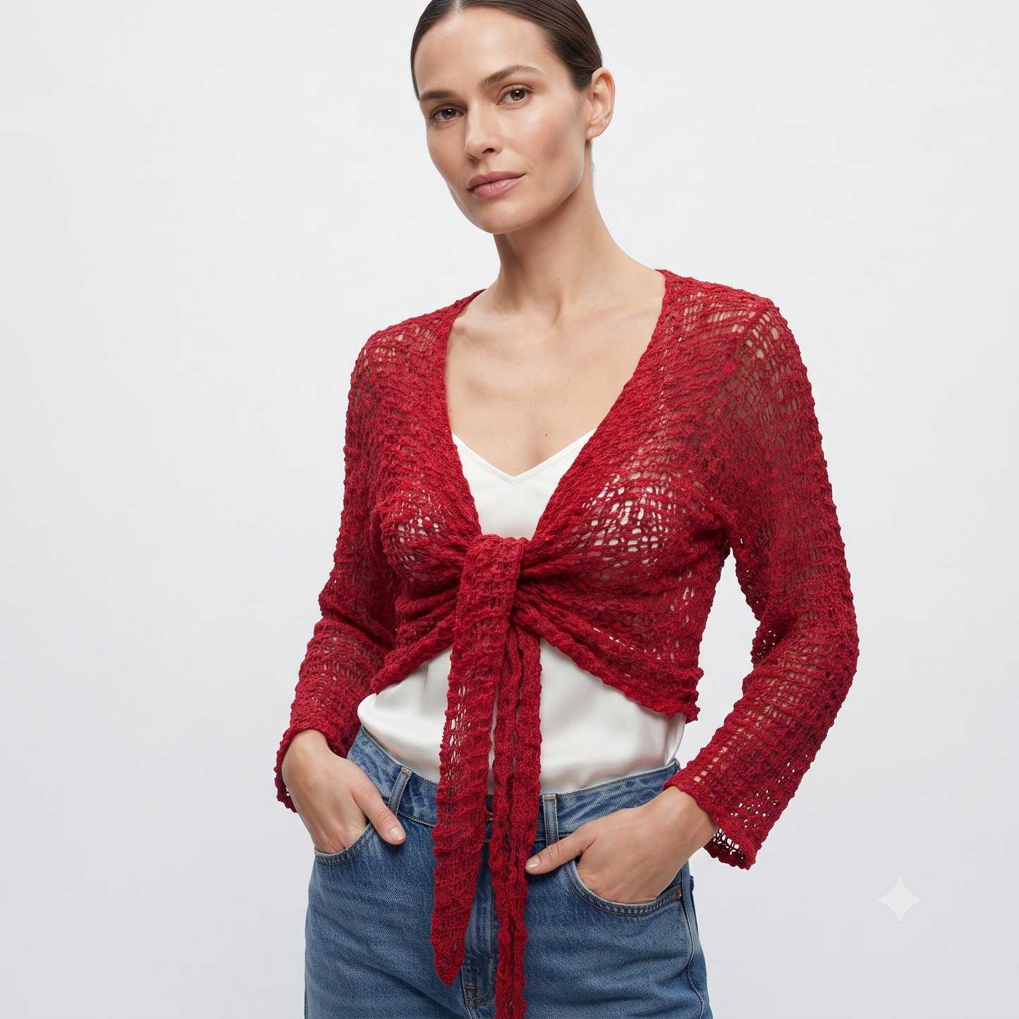 Womens Crochet Shrug front knot Chic lettuce hem Mesh Cardigan Free Size 8-20