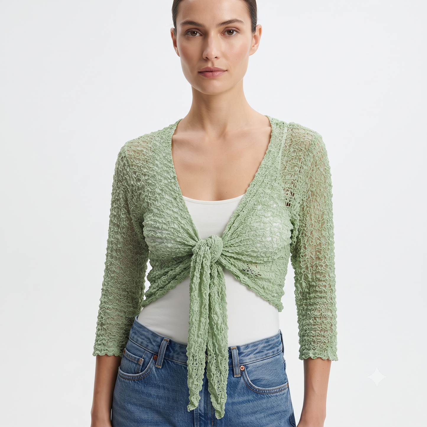 Womens Crochet Shrug front knot Chic lettuce hem Mesh Cardigan Free Size 8-20