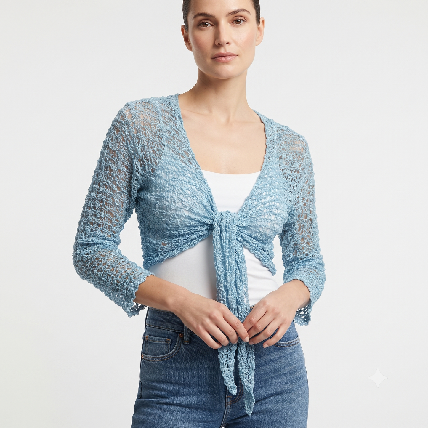 Womens Crochet Shrug front knot Chic lettuce hem Mesh Cardigan Free Size 8-20