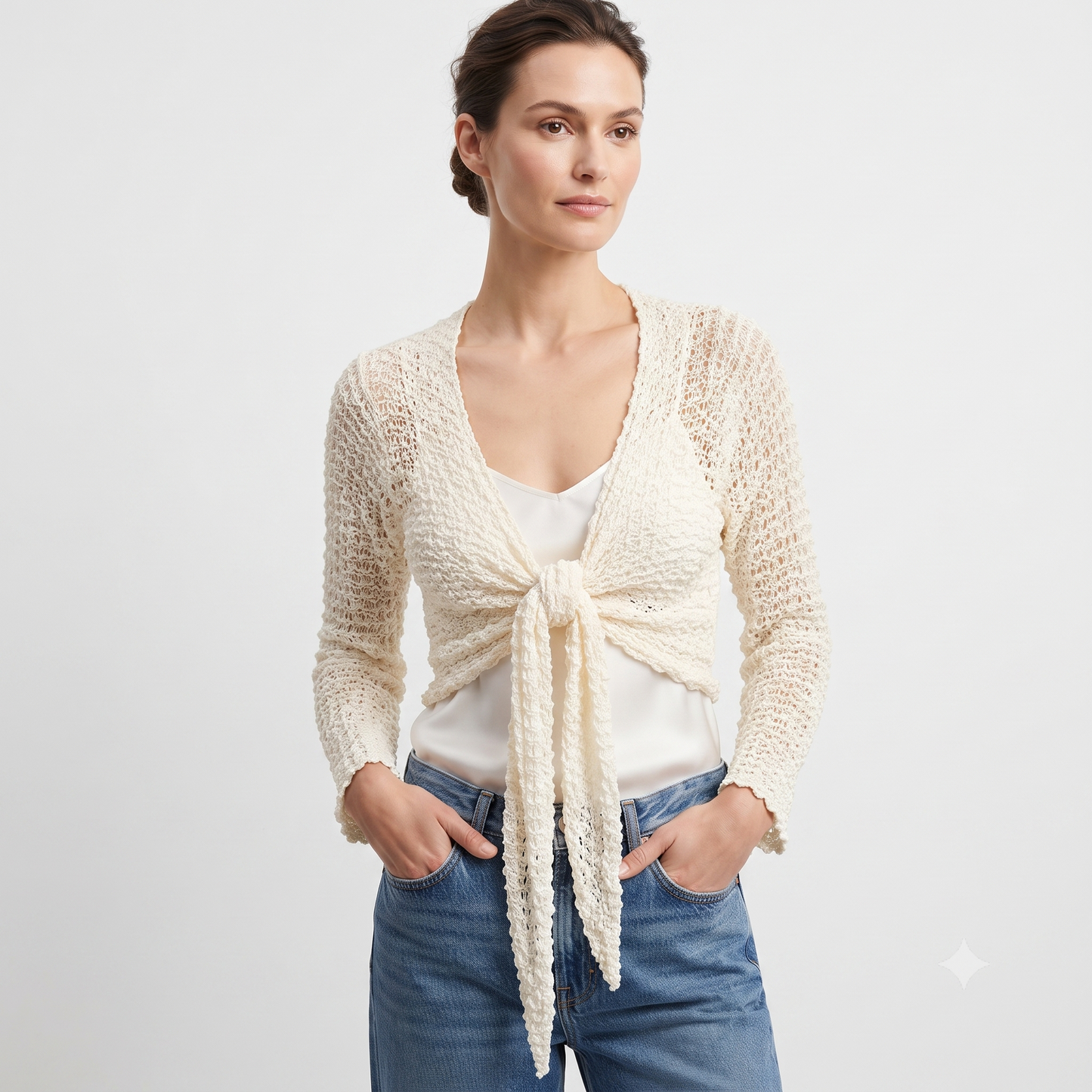 Womens Crochet Shrug front knot Chic lettuce hem Mesh Cardigan Free Size 8-20