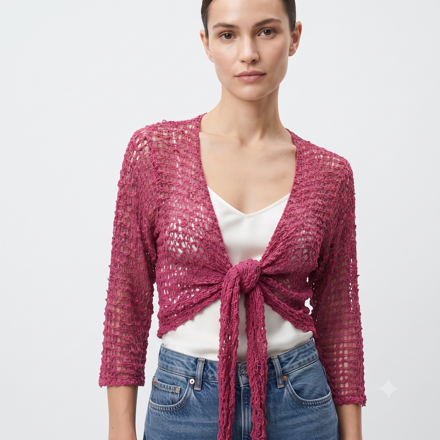 Womens Crochet Shrug front knot Chic lettuce hem Mesh Cardigan Free Size 8-20