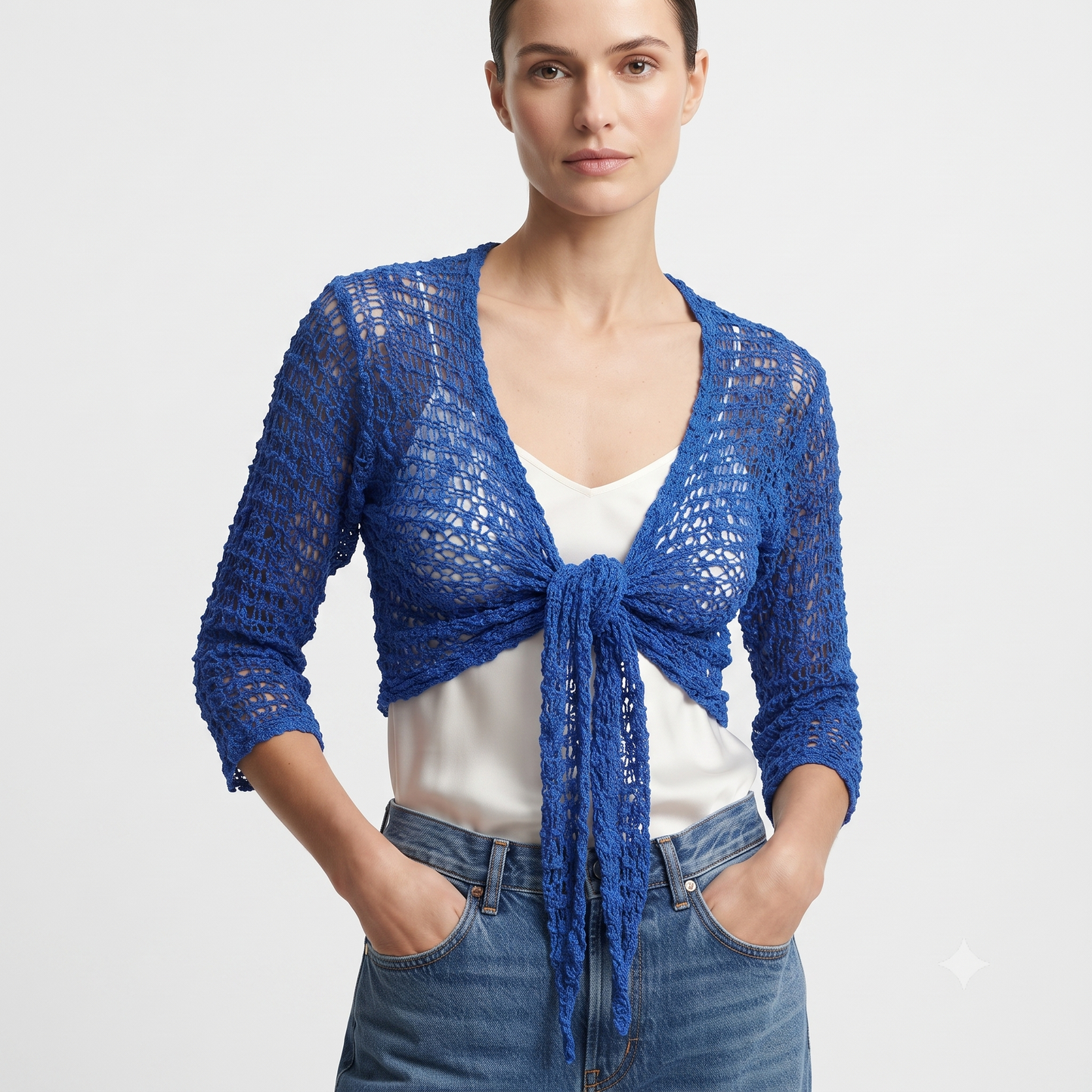 Womens Crochet Shrug front knot Chic lettuce hem Mesh Cardigan Free Size 8-20