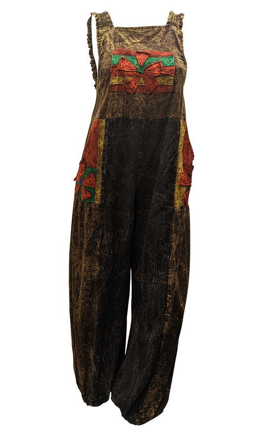 Recycled Cotton Funky Tie-dye Dungarees Boho Festival Patchwork Overalls Free Size Up To 16