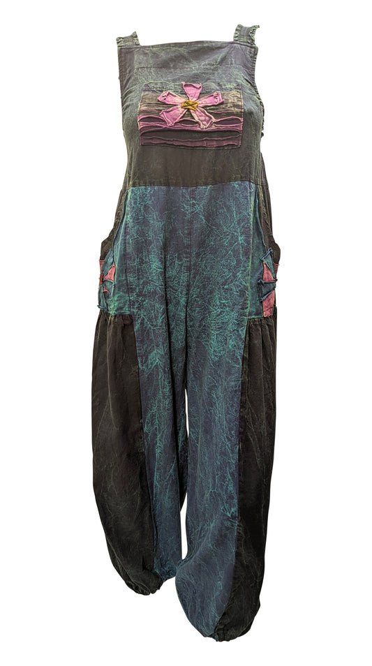 Recycled Cotton Funky Tie-dye Dungarees Boho Festival Patchwork Overalls Free Size Up To 16