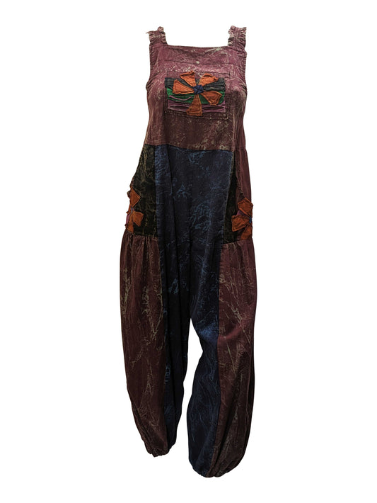 Recycled Cotton Funky Tie-dye Dungarees Boho Festival Patchwork Overalls Free Size Up To 16