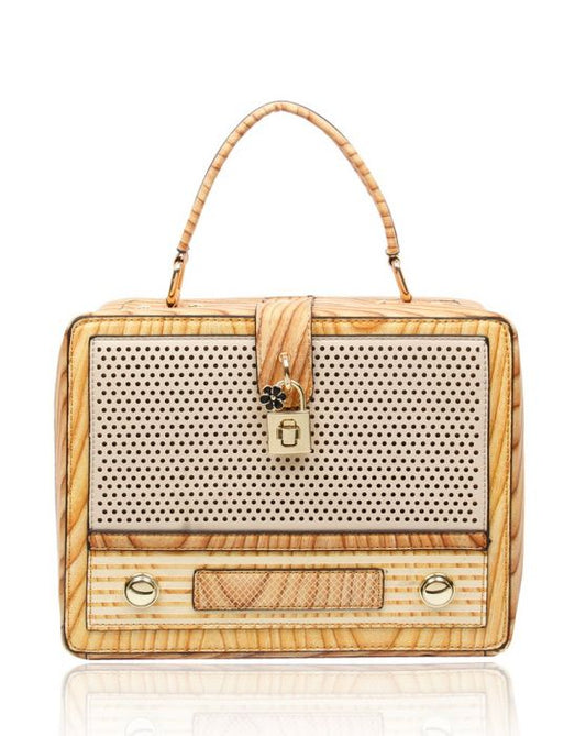 STATEMENT RETRO VEGAN LEATHER VINTAGE HARD CASE RADIO DESIGN CROSSBODY BAG