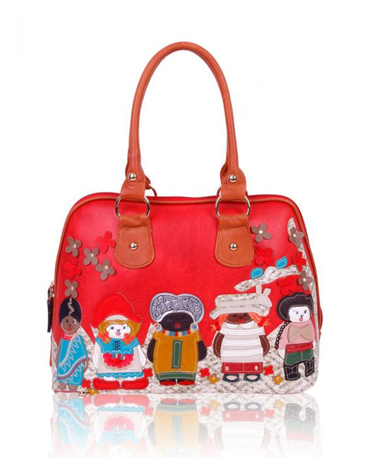 WOMEN'S TOP-HANDLE CARTOON CHARACTER PATCH WORK  HANDBAG WITH ADJUSTABLE STRAPS