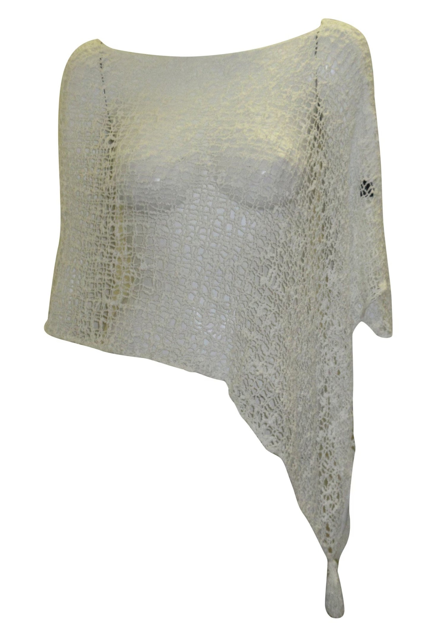 Womens Crochet Poncho Asymmetrical Boho Tassel Shawl Pullover Cover up Free Size 8-20 White